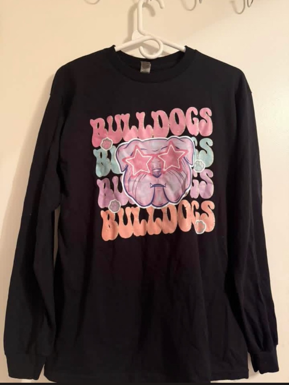 Black Long Sleeve Bulldog Graphic Tee with Pastel Print